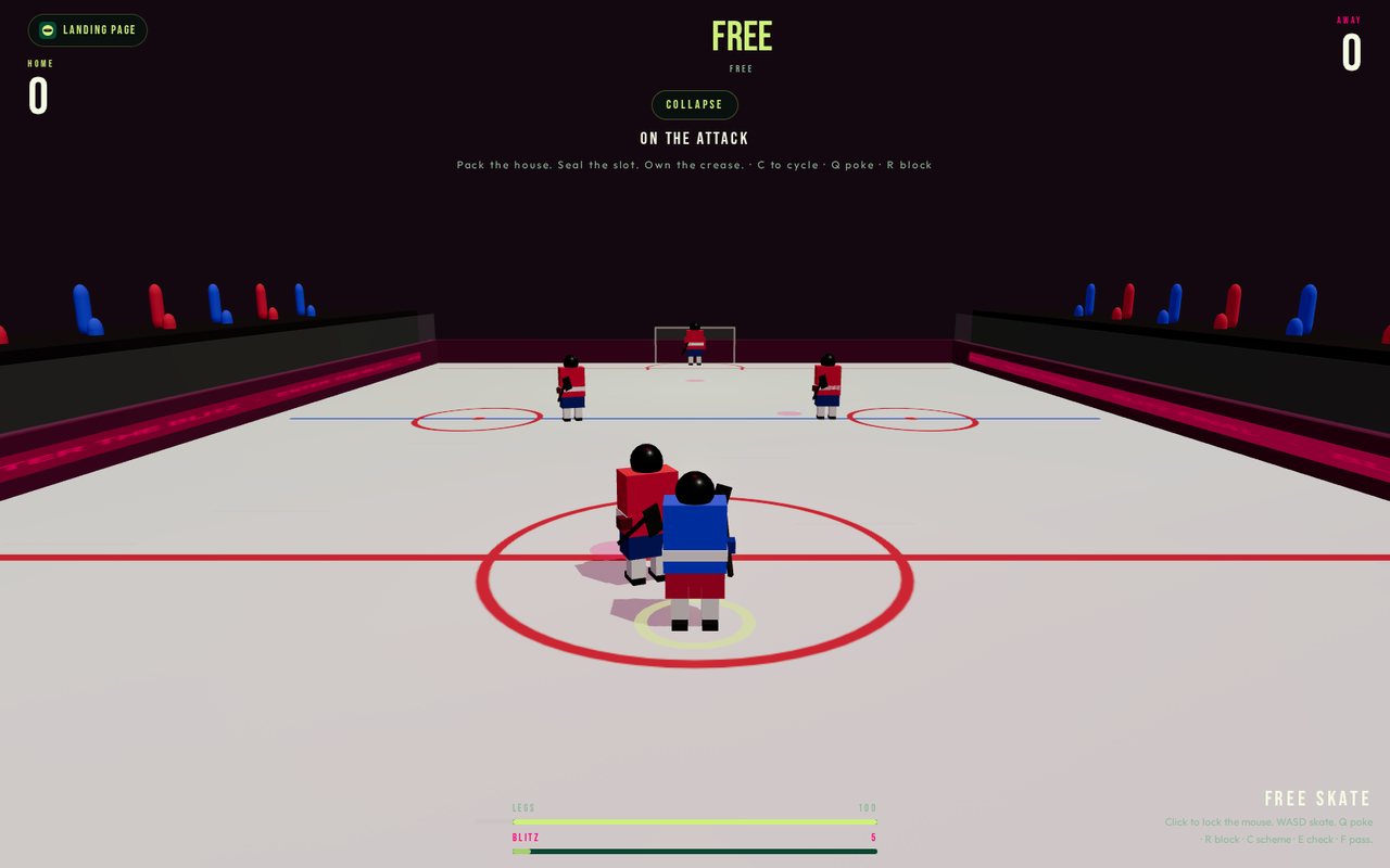 Hokke Hood prototype — third-person arcade rink, red versus blue